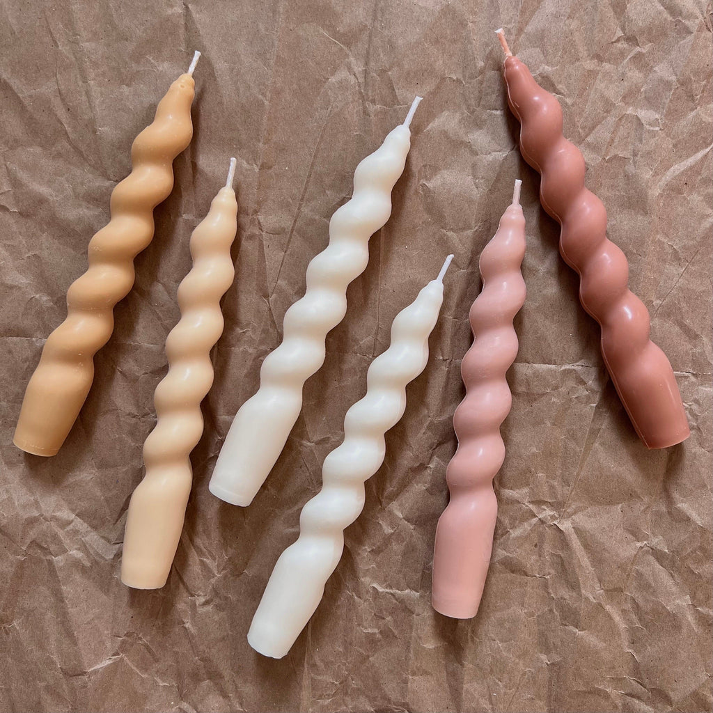 Twisted soy wax taper candle, tall sculptural handmade pastel home decor piece with cotton wick