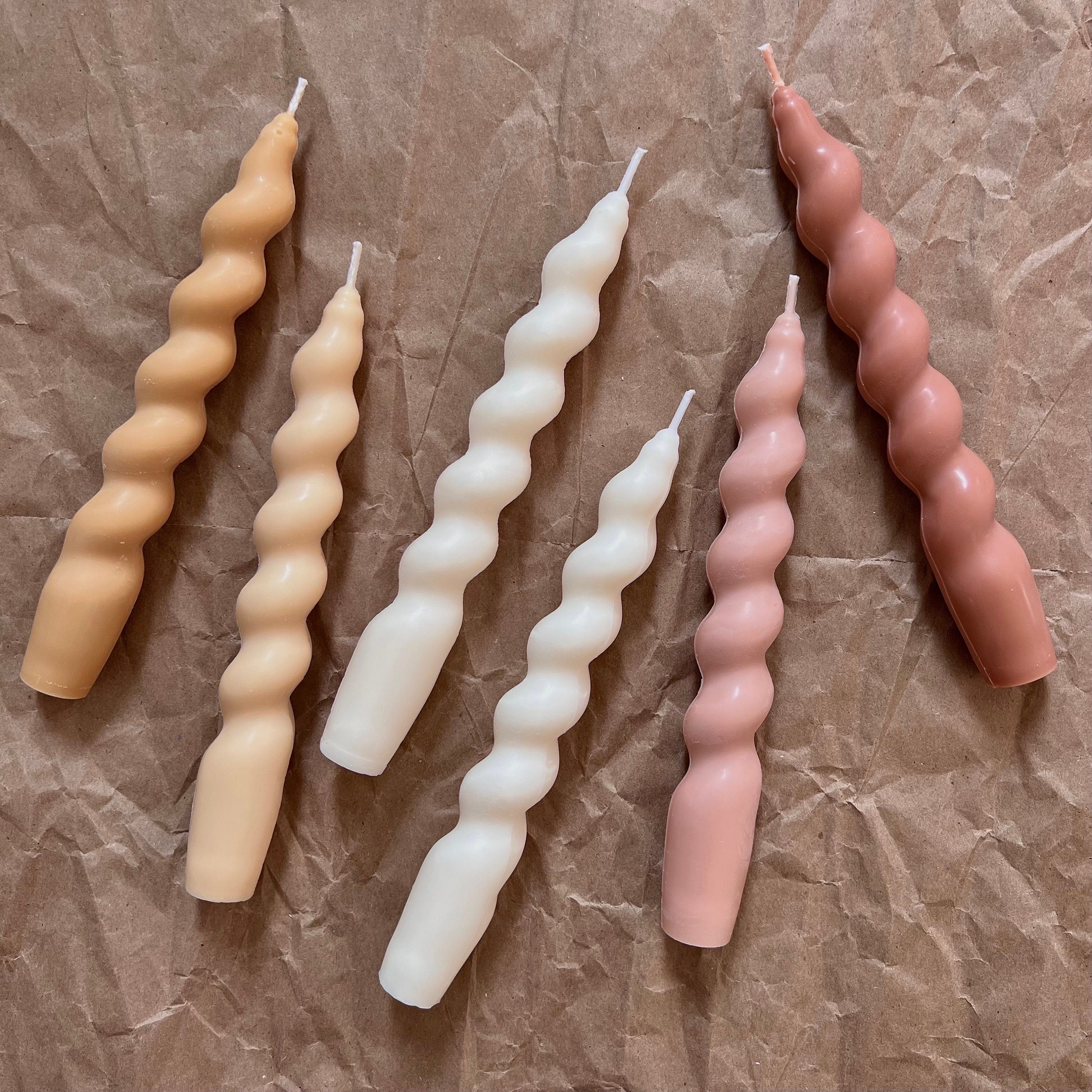 Twisted soy wax taper candle, tall sculptural handmade pastel home decor piece with cotton wick