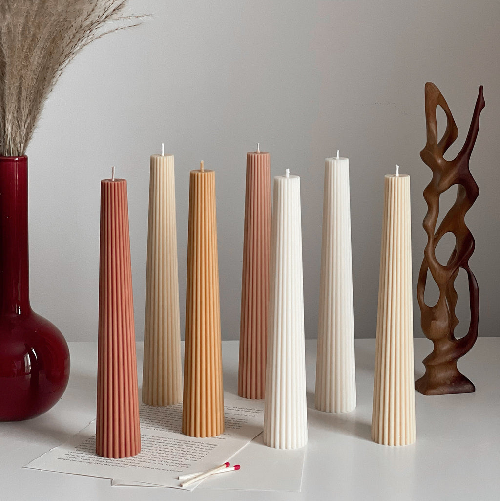 Greko tall ribbed column soy wax pillar candle standing upright for modern aesthetic home decor