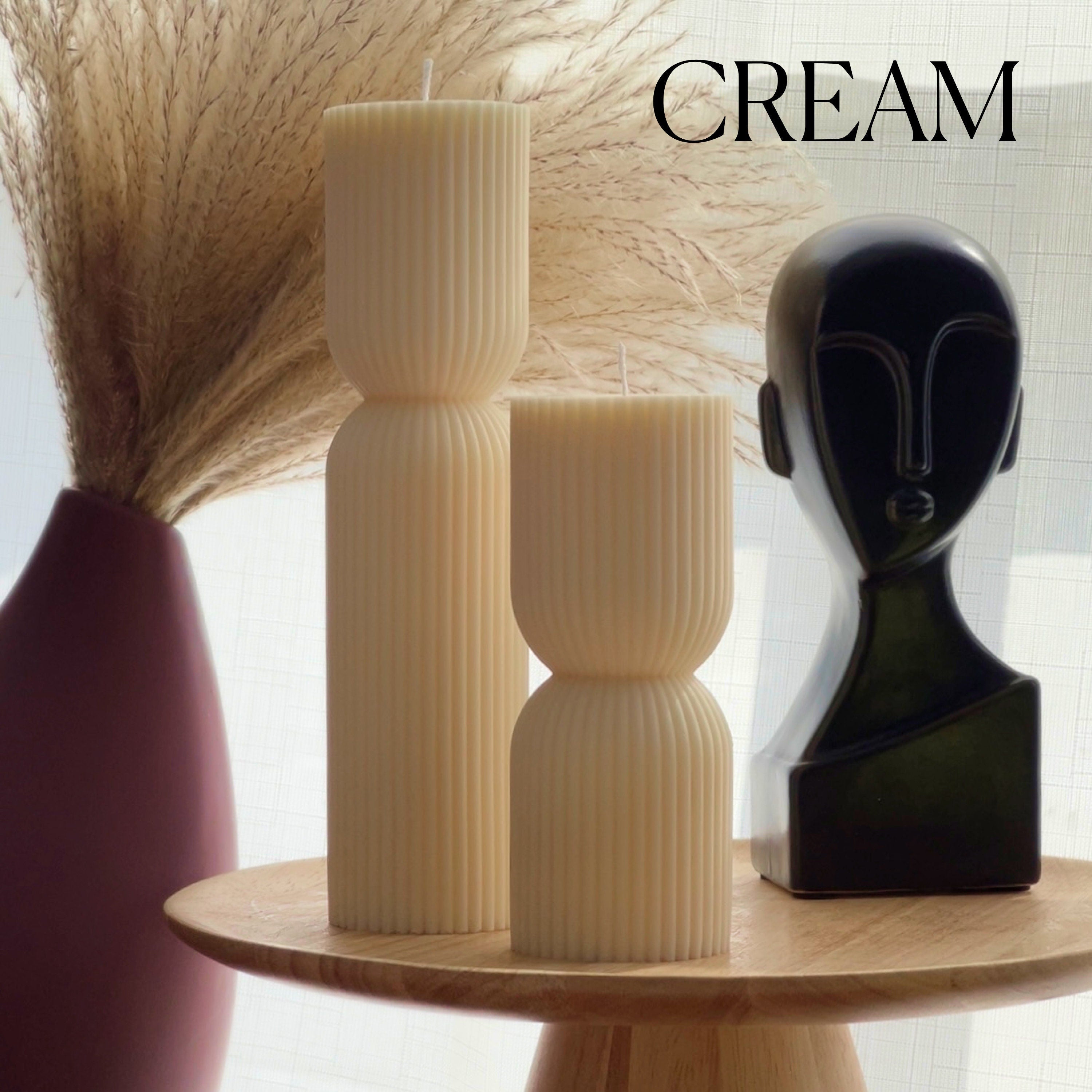 Ribbed hourglass pillar candle made of hand-poured sustainable soy wax with a natural cotton wick — view 3