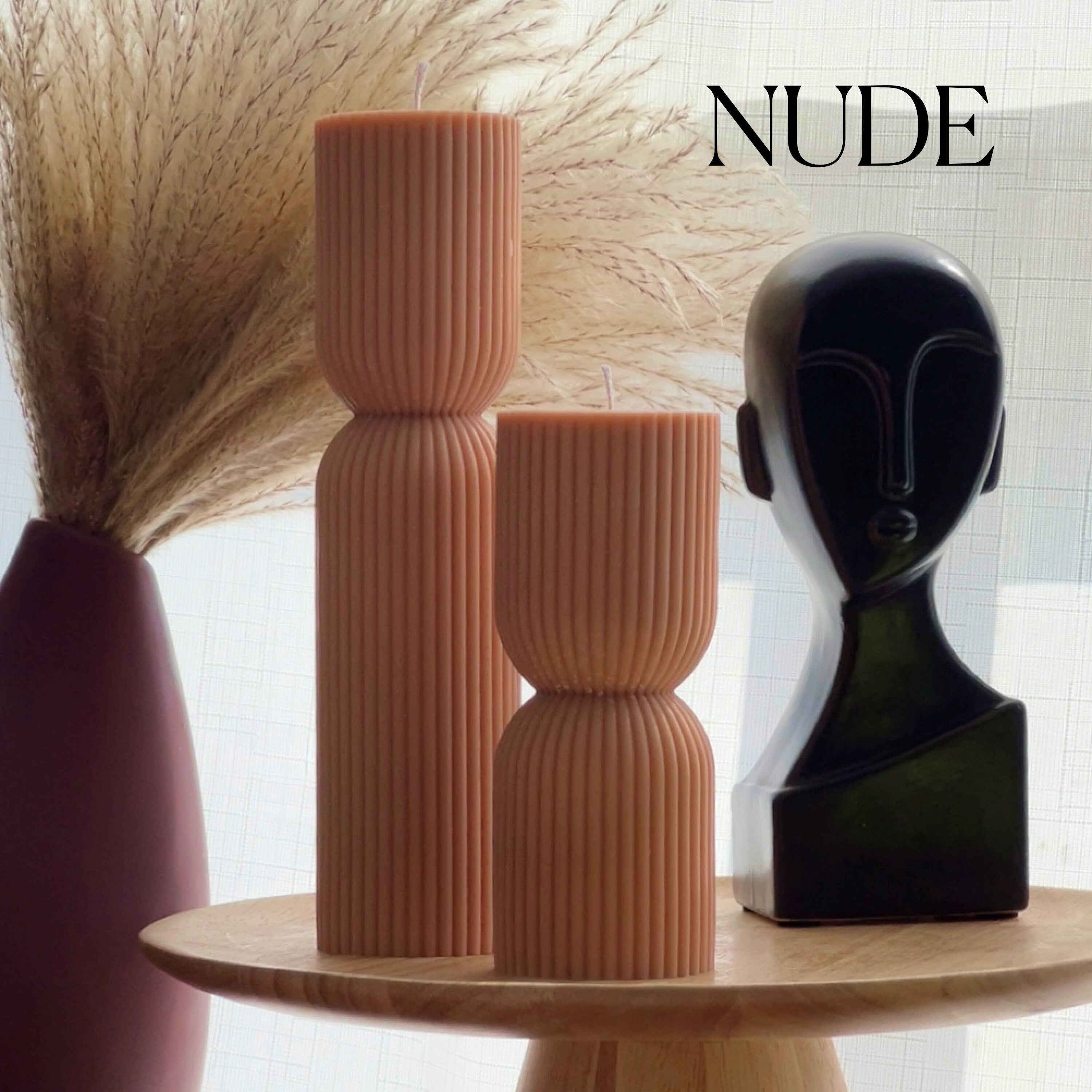 Ribbed hourglass pillar candle made of hand-poured sustainable soy wax with a natural cotton wick — view 2