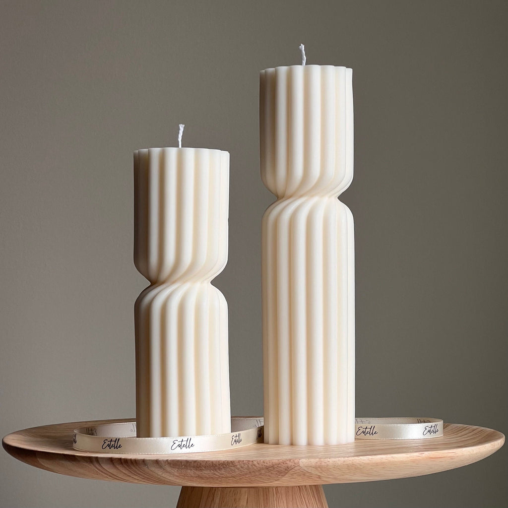 Ribbed Hourglass Soy Pillar Candle: Sculptural Table Decor-0