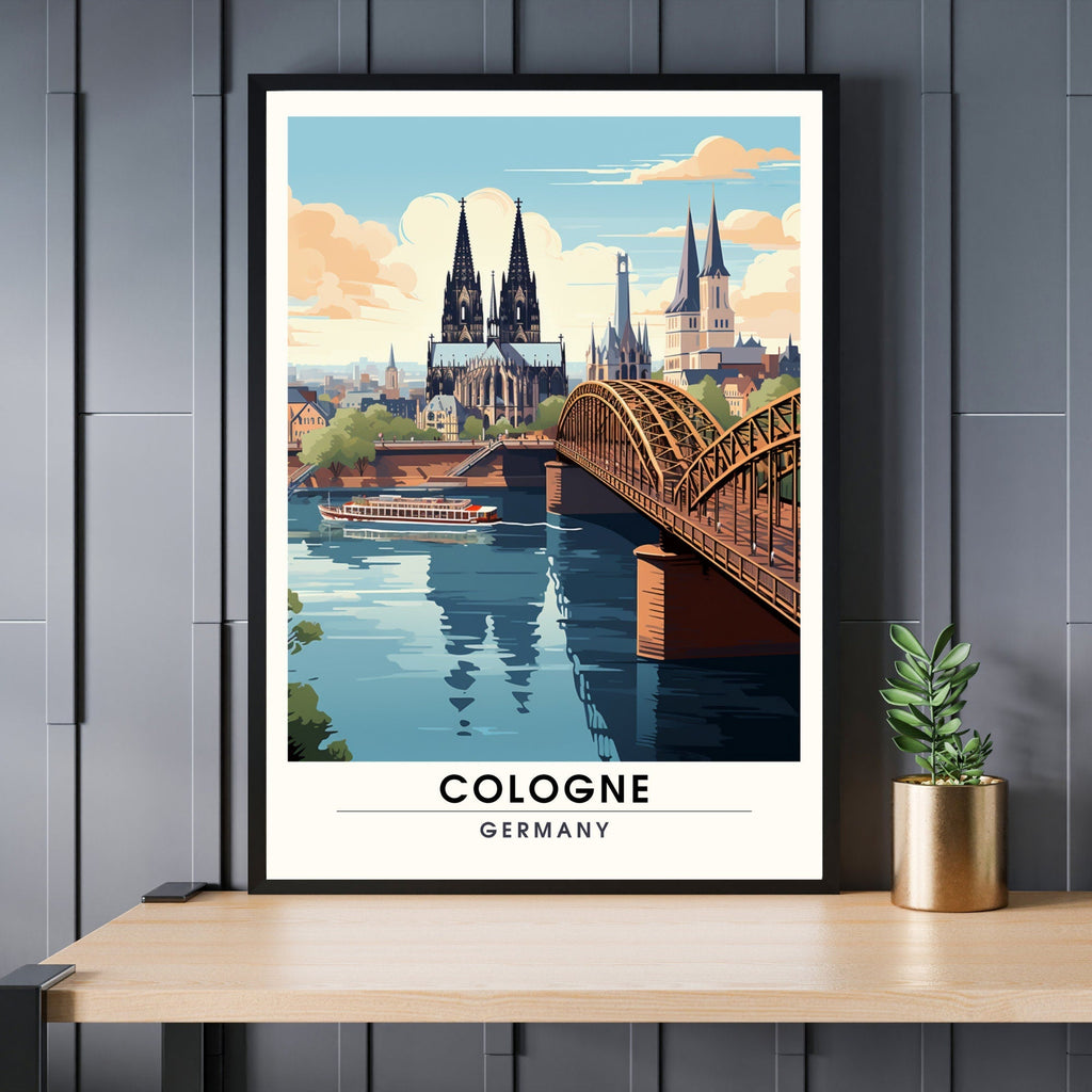 Cologne Germany travel print wall art featuring vibrant cityscape available in wood or metal frames