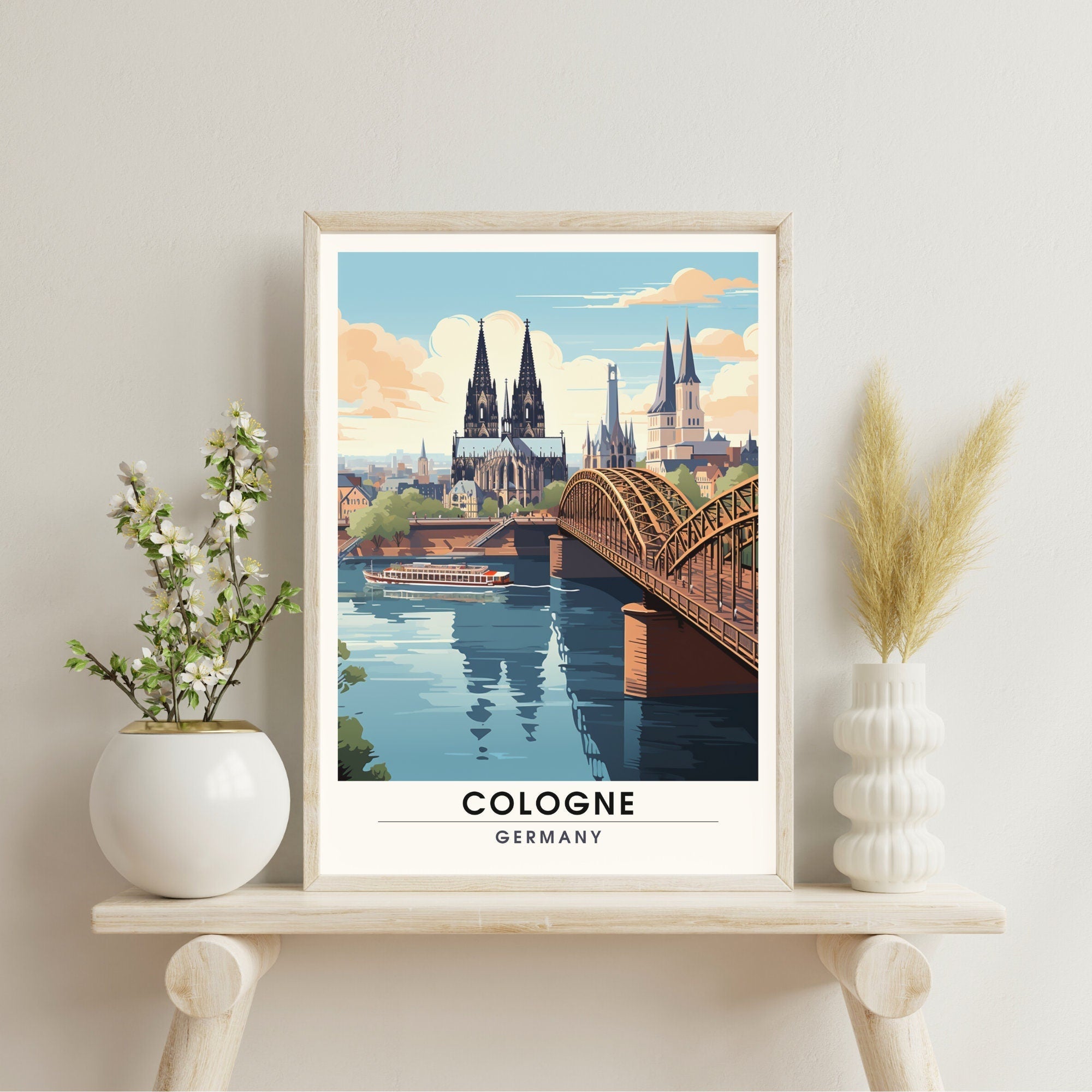 Cologne Germany travel print wall art featuring vibrant cityscape available in wood or metal frames — view 4