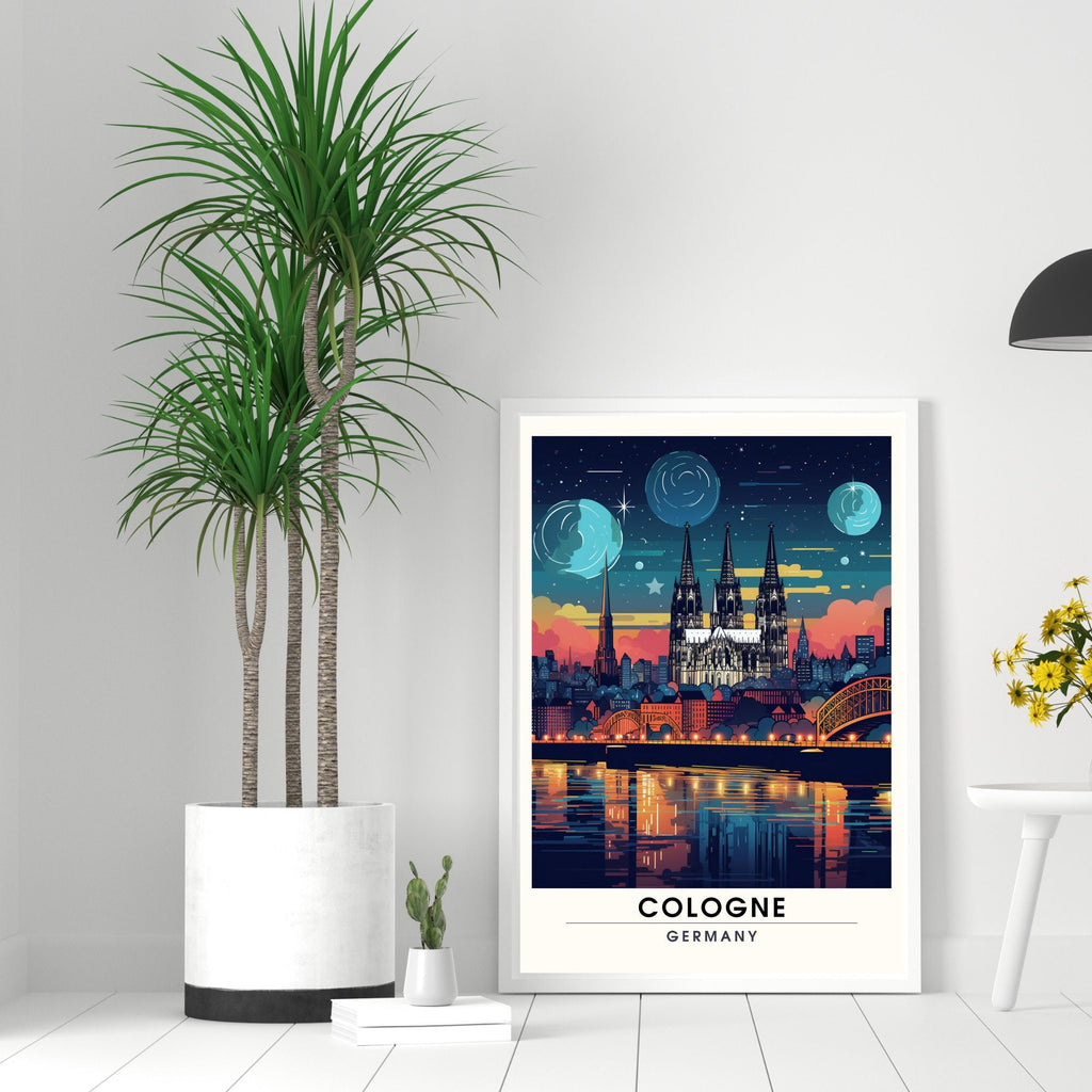 Cologne nighttime travel print showing the illuminated city skyline available in custom frames — view 4