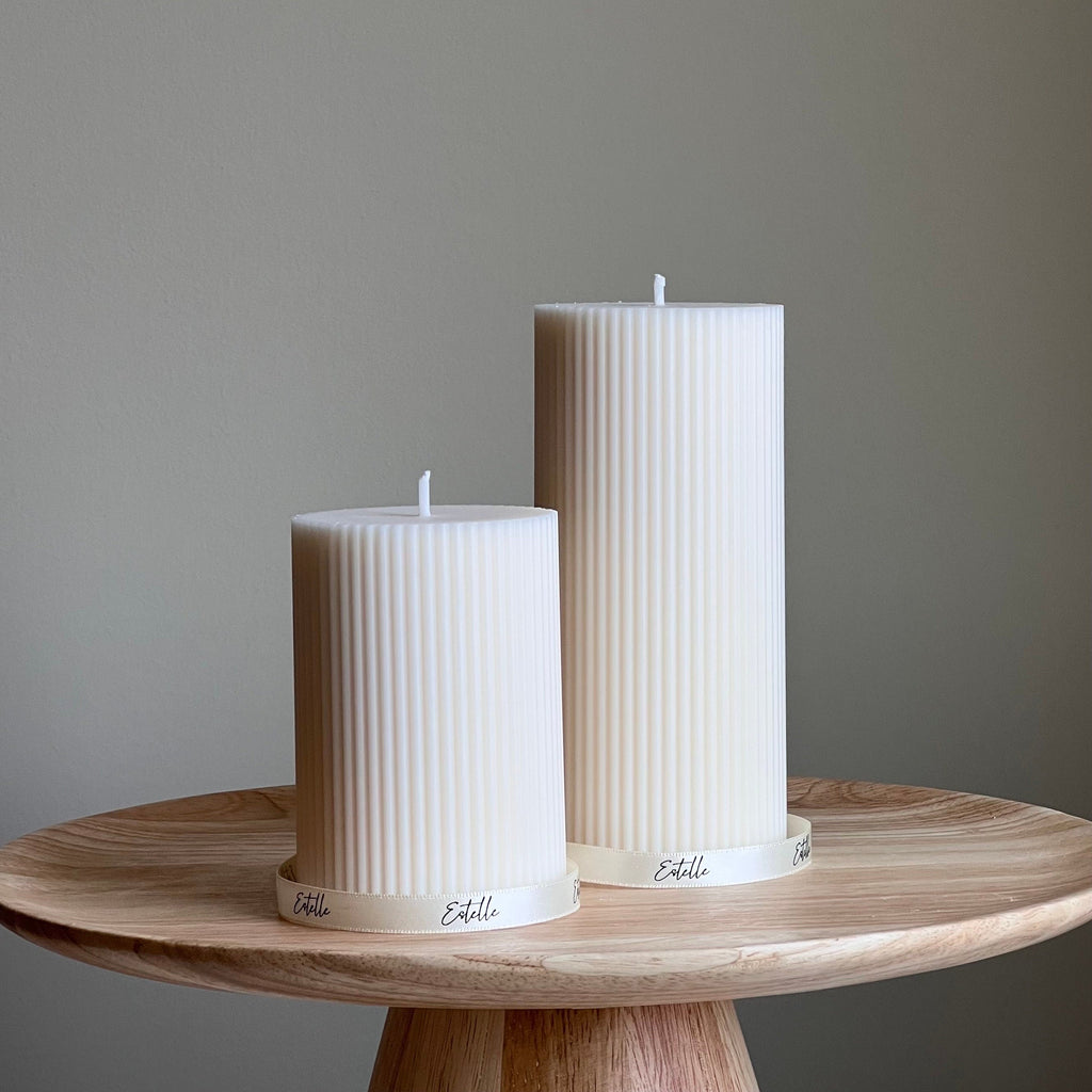 Soy Wax Ribbed Pillar Candle Set | Unscented, Decorative-0