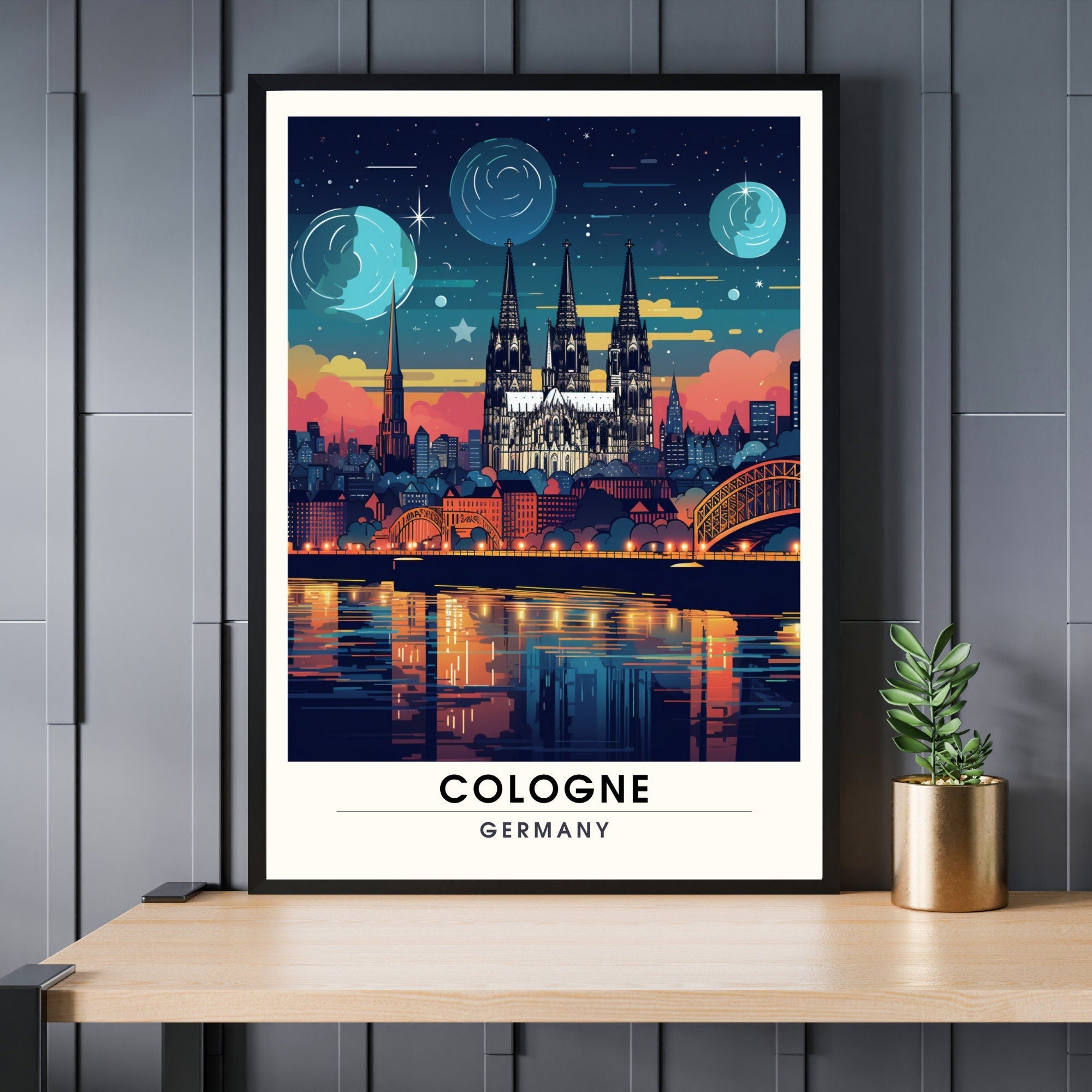 Cologne nighttime travel print showing the illuminated city skyline available in custom frames — view 2