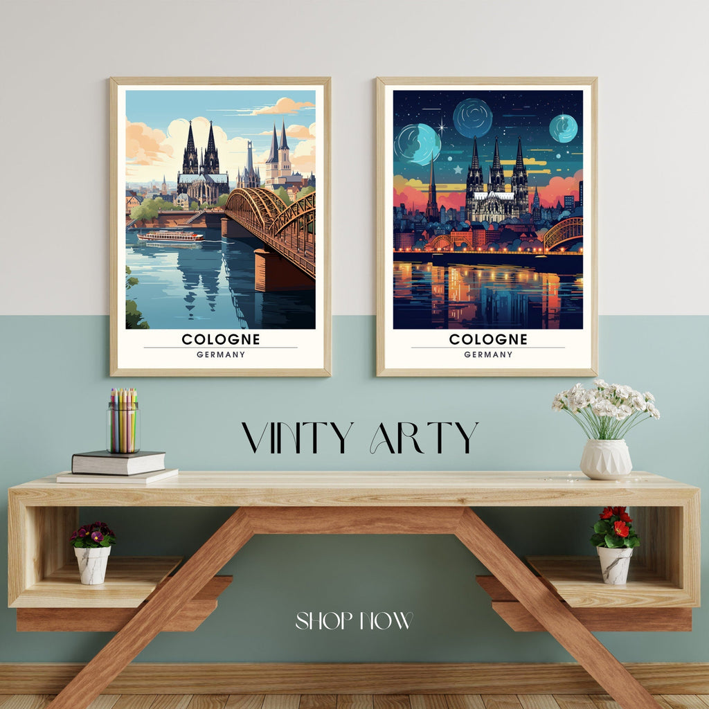Cologne nighttime travel print showing the illuminated city skyline available in custom frames — view 5