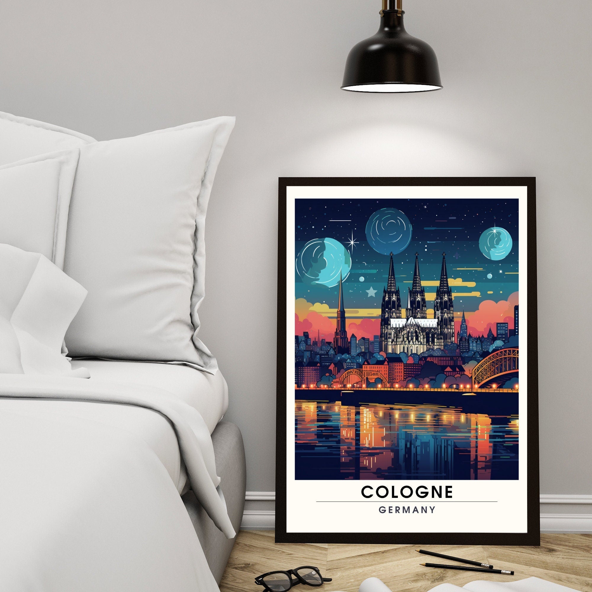Cologne nighttime travel print showing the illuminated city skyline available in custom frames