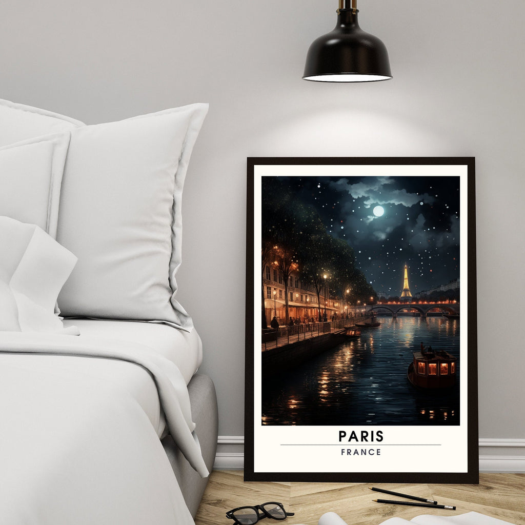Impression Paris | Affiche de Voyage Paris  | Voyage nocturne à Paris | Affiche la Seine et la Tour Eiffel-4