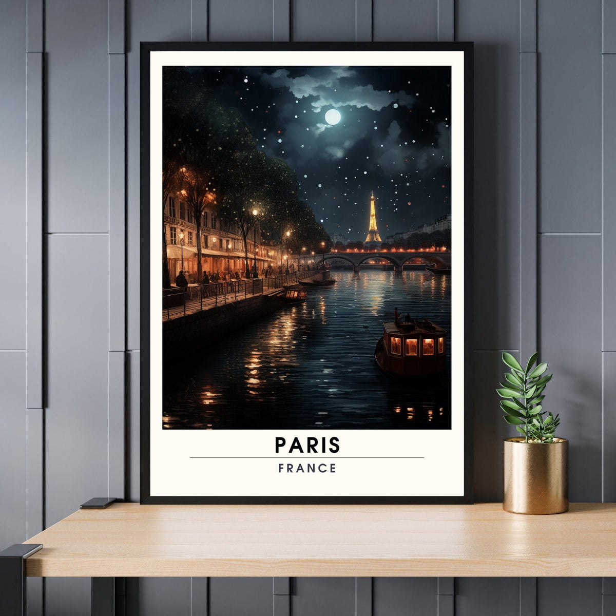 Impression Paris | Affiche de Voyage Paris  | Voyage nocturne à Paris | Affiche la Seine et la Tour Eiffel-0