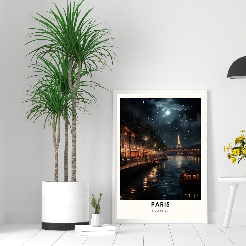 Impression Paris | Affiche de Voyage Paris  | Voyage nocturne à Paris | Affiche la Seine et la Tour Eiffel-1