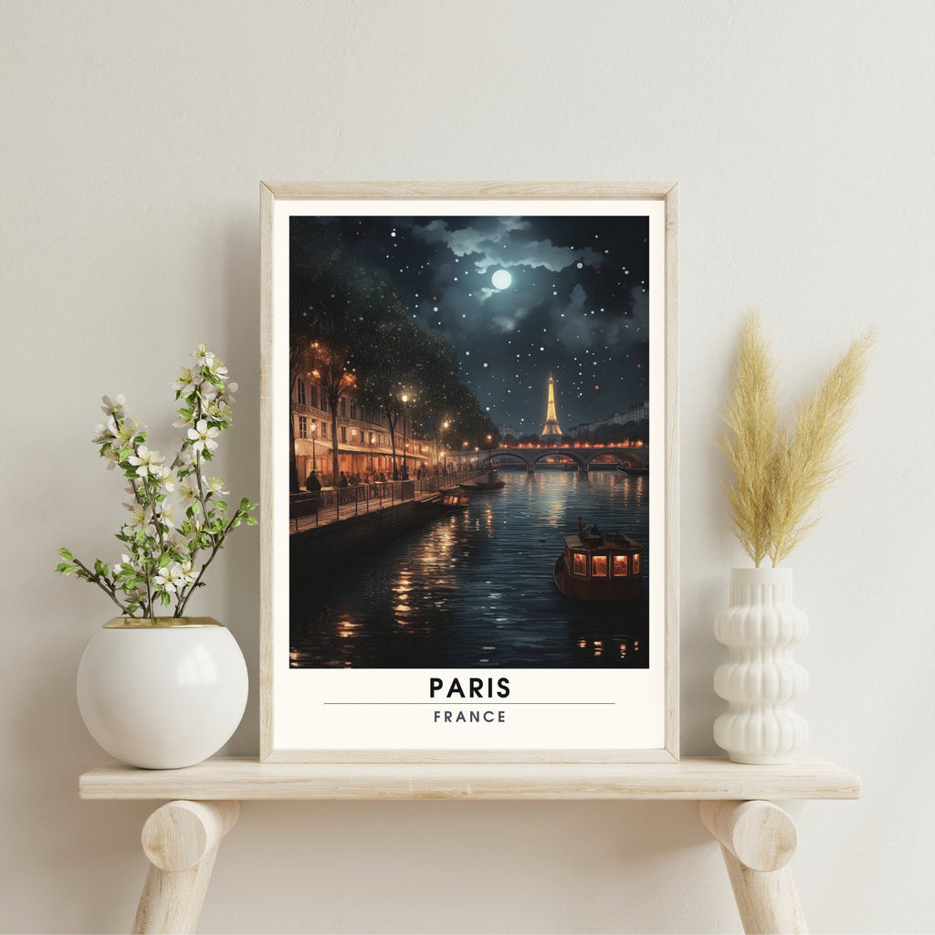 Impression Paris | Affiche de Voyage Paris  | Voyage nocturne à Paris | Affiche la Seine et la Tour Eiffel-3