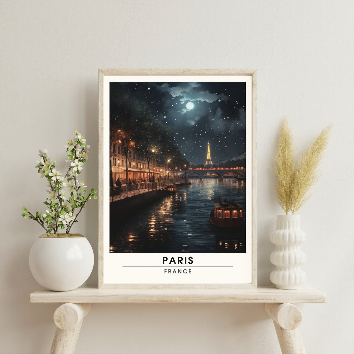 Impression Paris | Affiche de Voyage Paris  | Voyage nocturne à Paris | Affiche la Seine et la Tour Eiffel-3