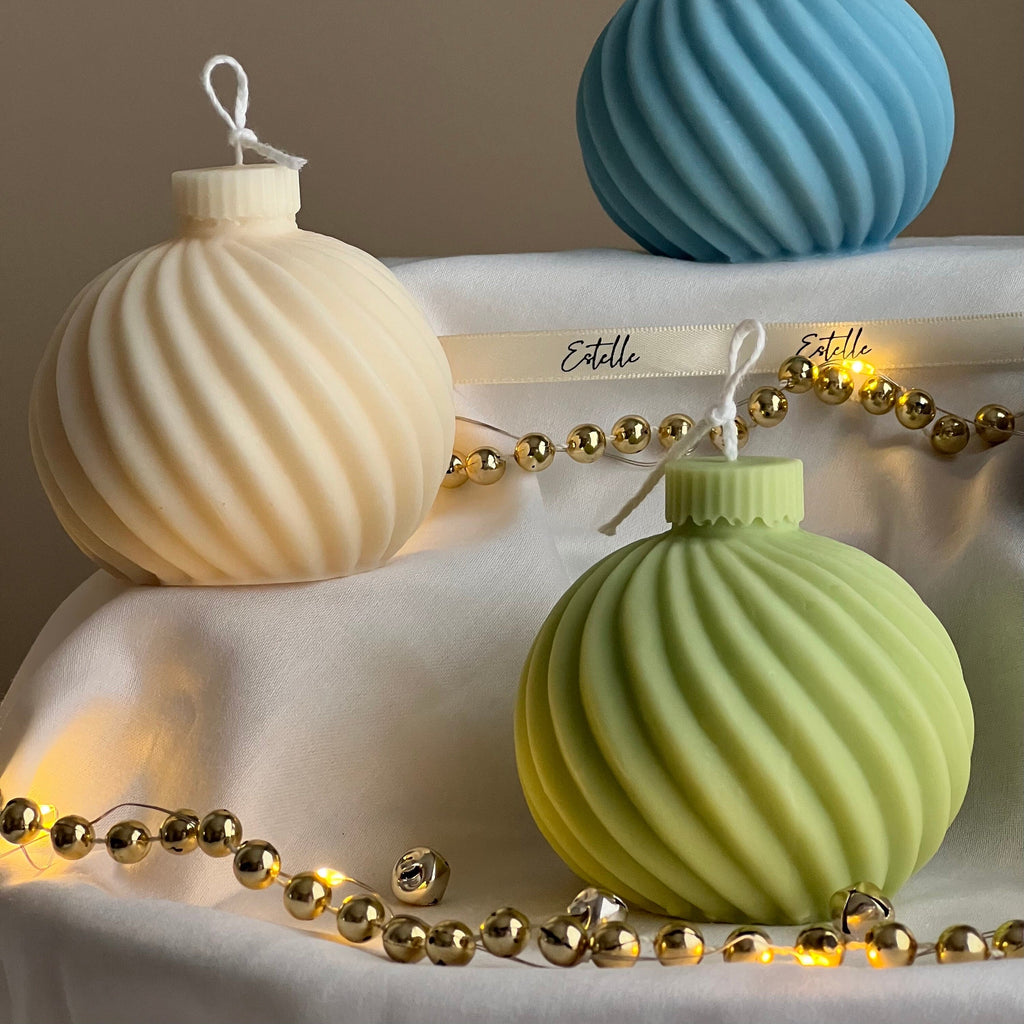 Swirl Christmas bauble soy candle, handmade decorative festive wax centerpiece with a textured finish. — view 2