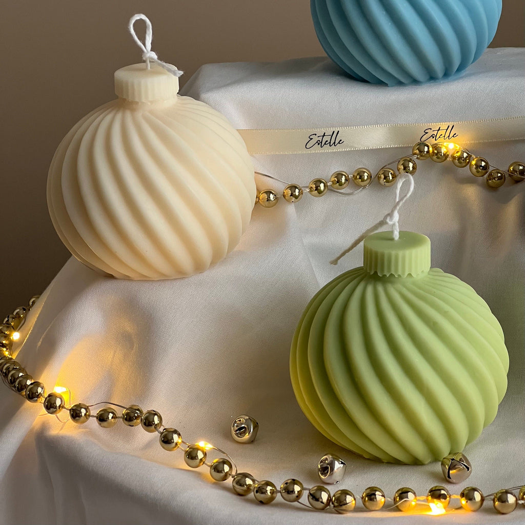 Swirl Christmas bauble soy candle, handmade decorative festive wax centerpiece with a textured finish. — view 3