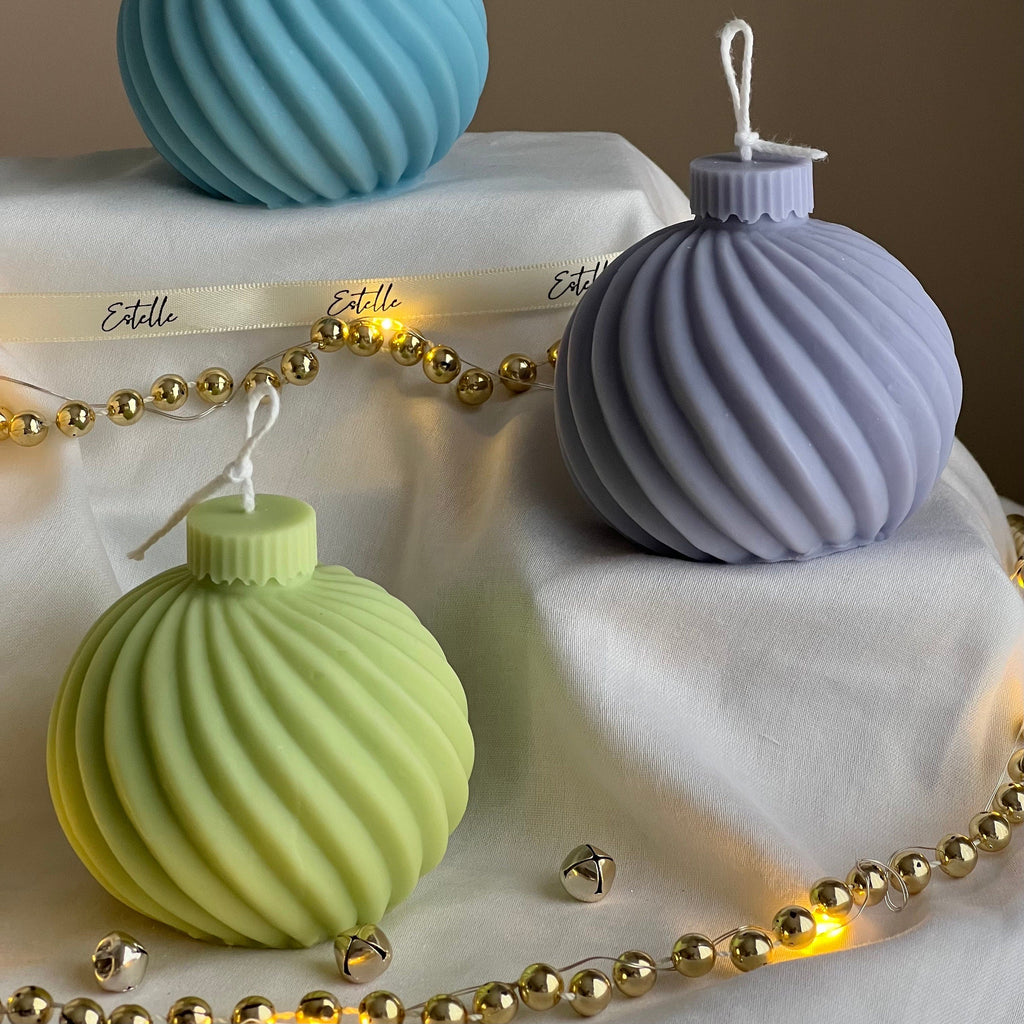 Swirl Christmas bauble soy candle, handmade decorative festive wax centerpiece with a textured finish. — view 4