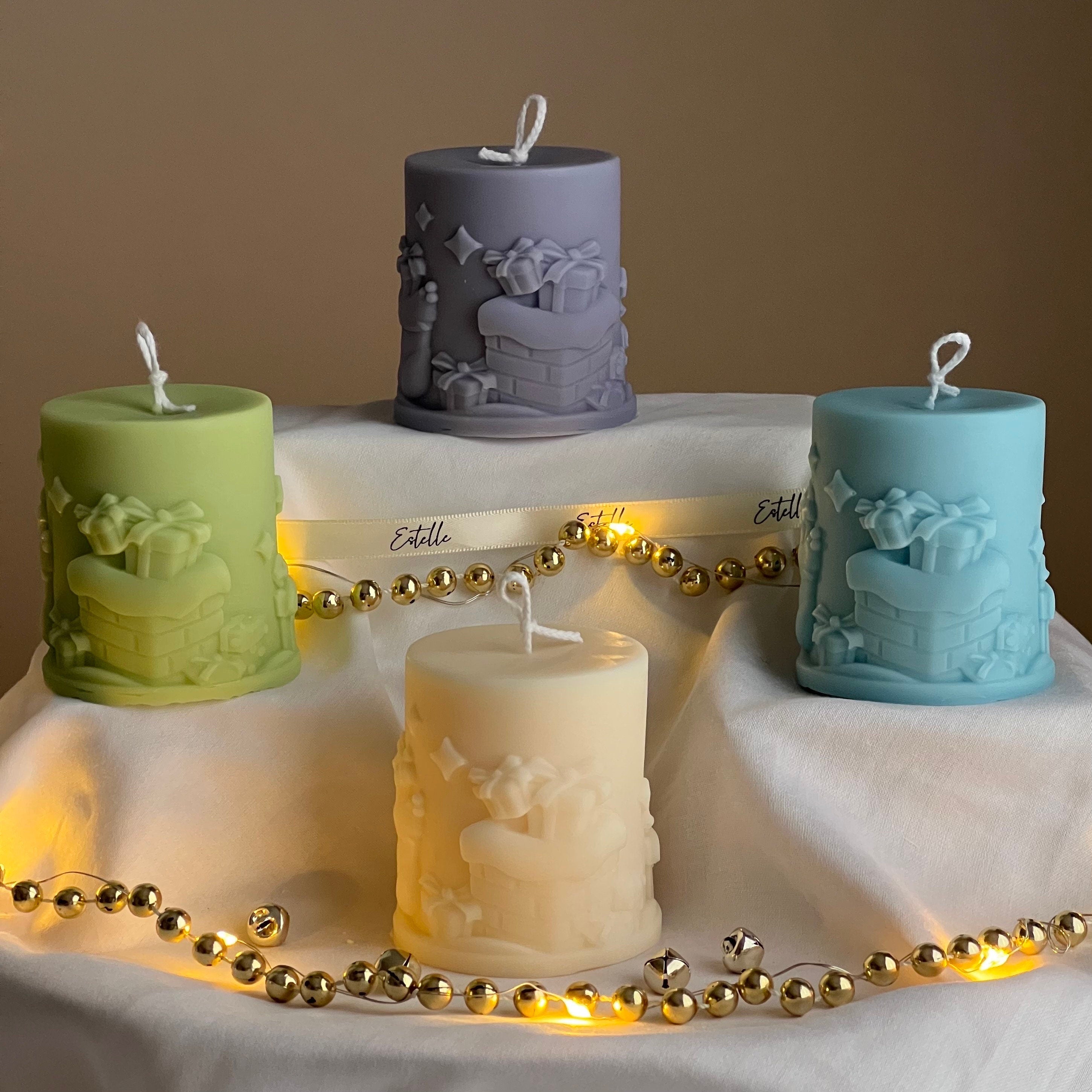 Handmade Christmas pillar candle in soft soy wax blend, festive decorative centerpiece.