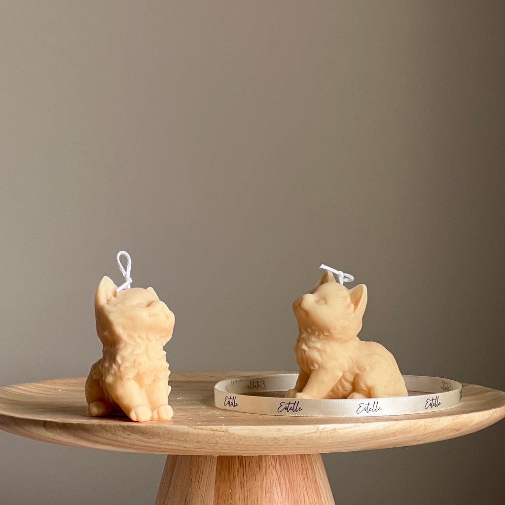 Handmade kitty shaped decorative soy wax pillar candle for aesthetic home interior design — view 2