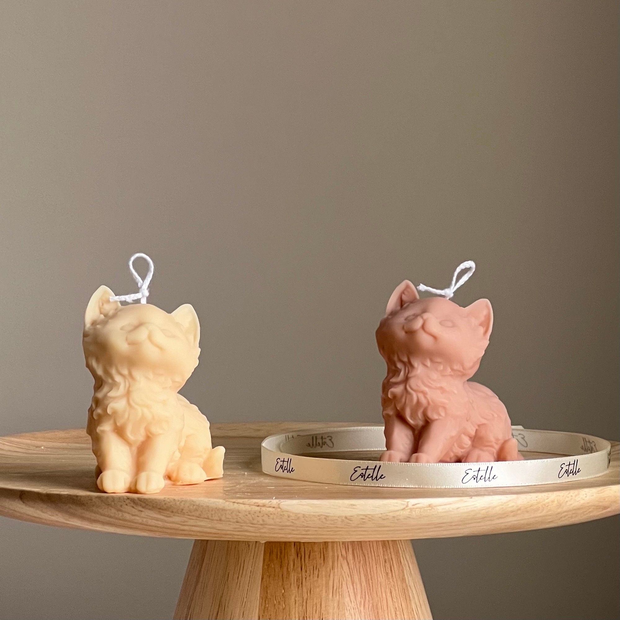 Handmade kitty shaped decorative soy wax pillar candle for aesthetic home interior design