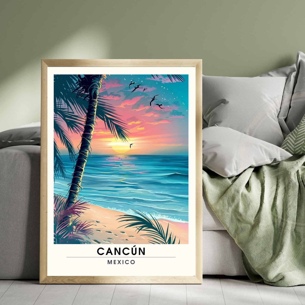Impression Cancún | Affiche de voyage Cancún, Mexique | Impression Mexique  | Coucher de soleil la  Plage de Cancún-1