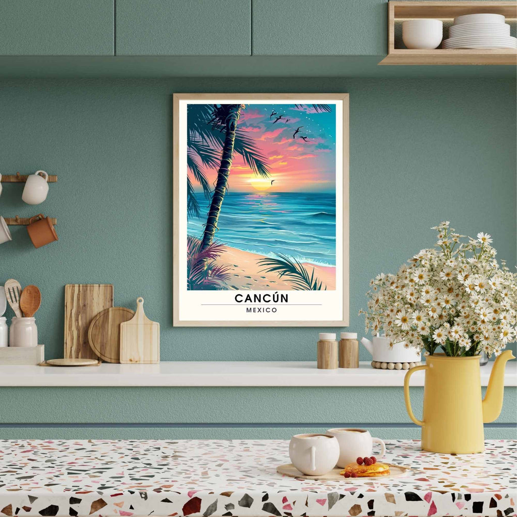 Impression Cancún | Affiche de voyage Cancún, Mexique | Impression Mexique  | Coucher de soleil la  Plage de Cancún-4