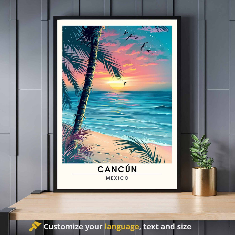 Impression Cancún | Affiche de voyage Cancún, Mexique | Impression Mexique  | Coucher de soleil la  Plage de Cancún