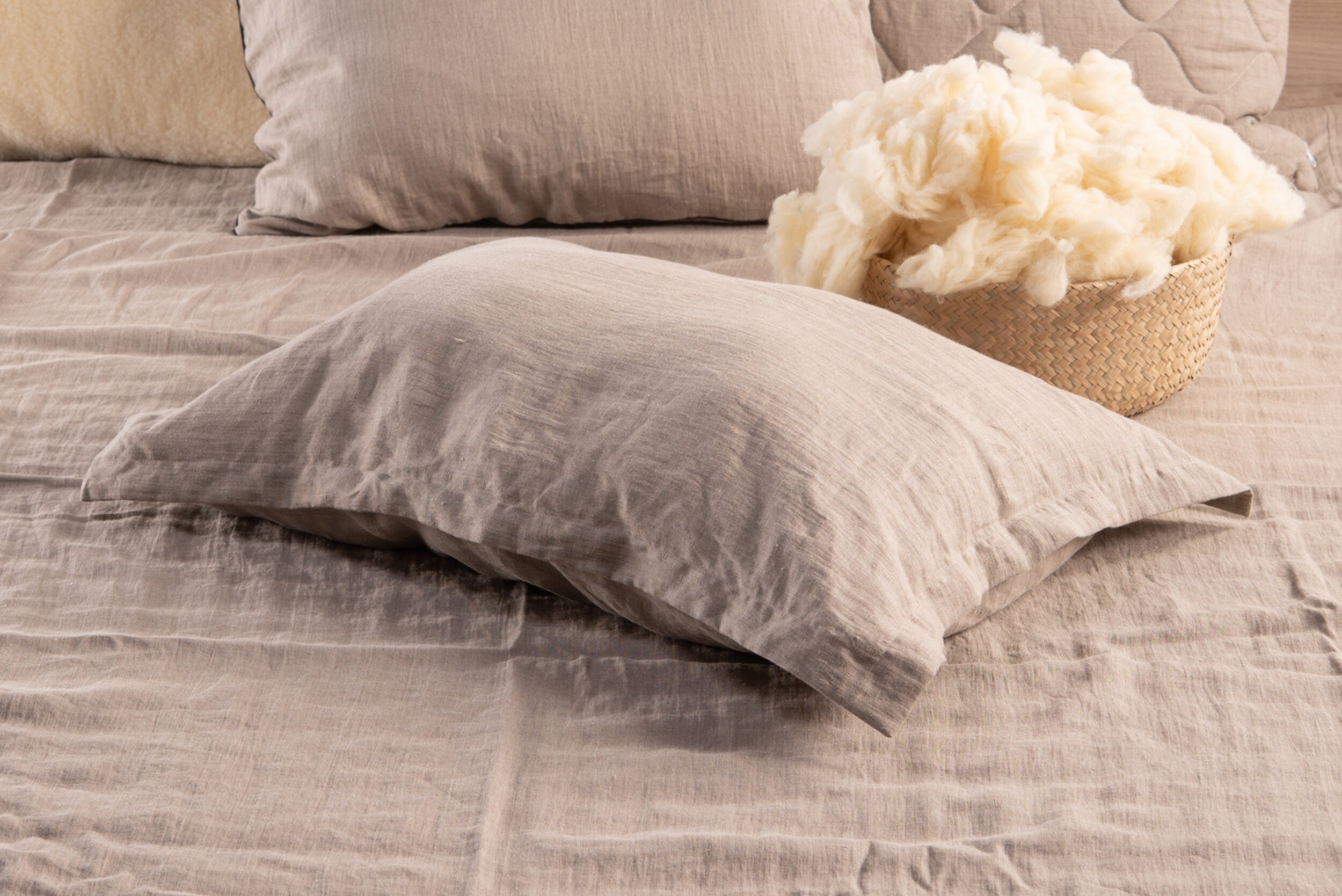 Natural washed linen pillowcase with classic Oxford design border in white and natural color options — view 5
