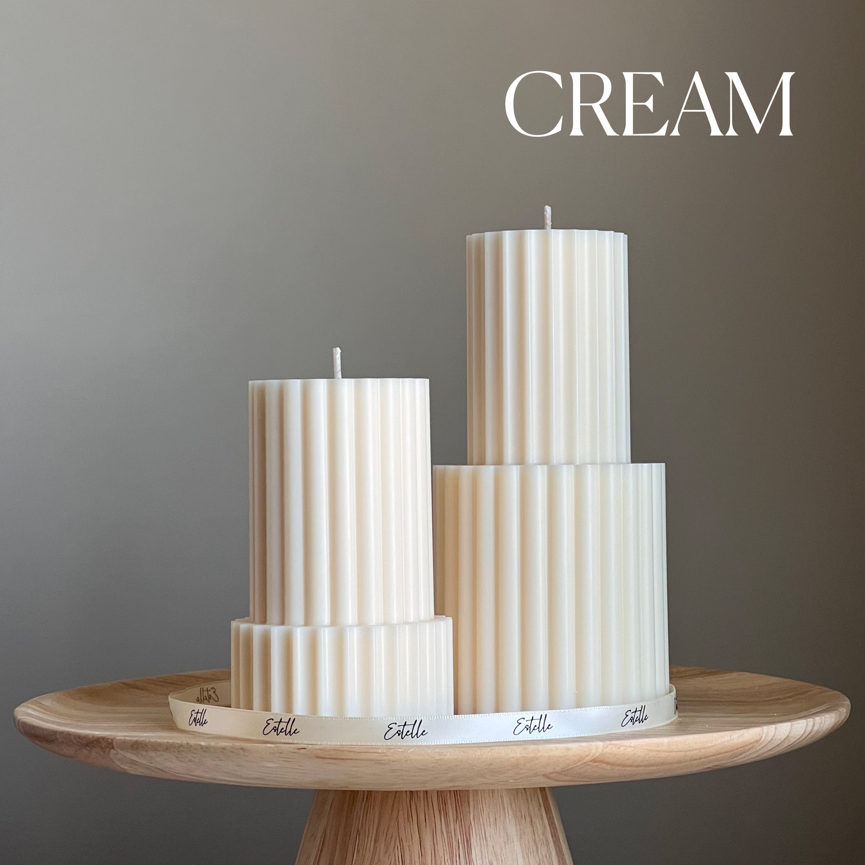 Handmade ribbed soy wax pillar candle in neutral tone for modern aesthetic home decor — view 3