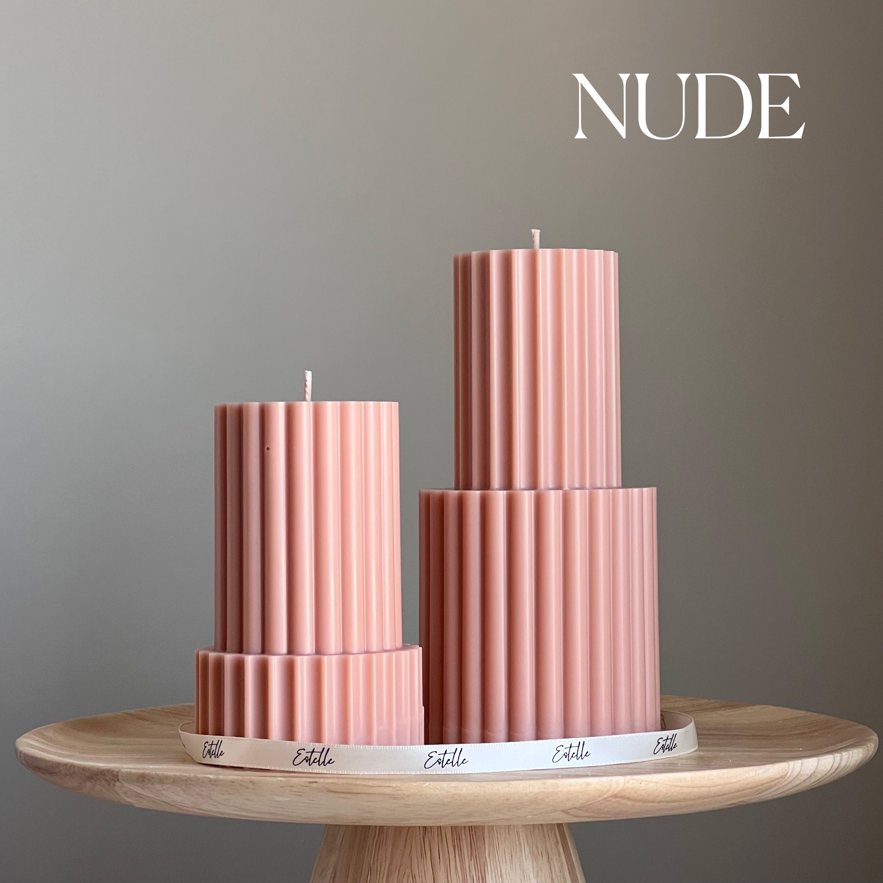 Handmade ribbed soy wax pillar candle in neutral tone for modern aesthetic home decor — view 2