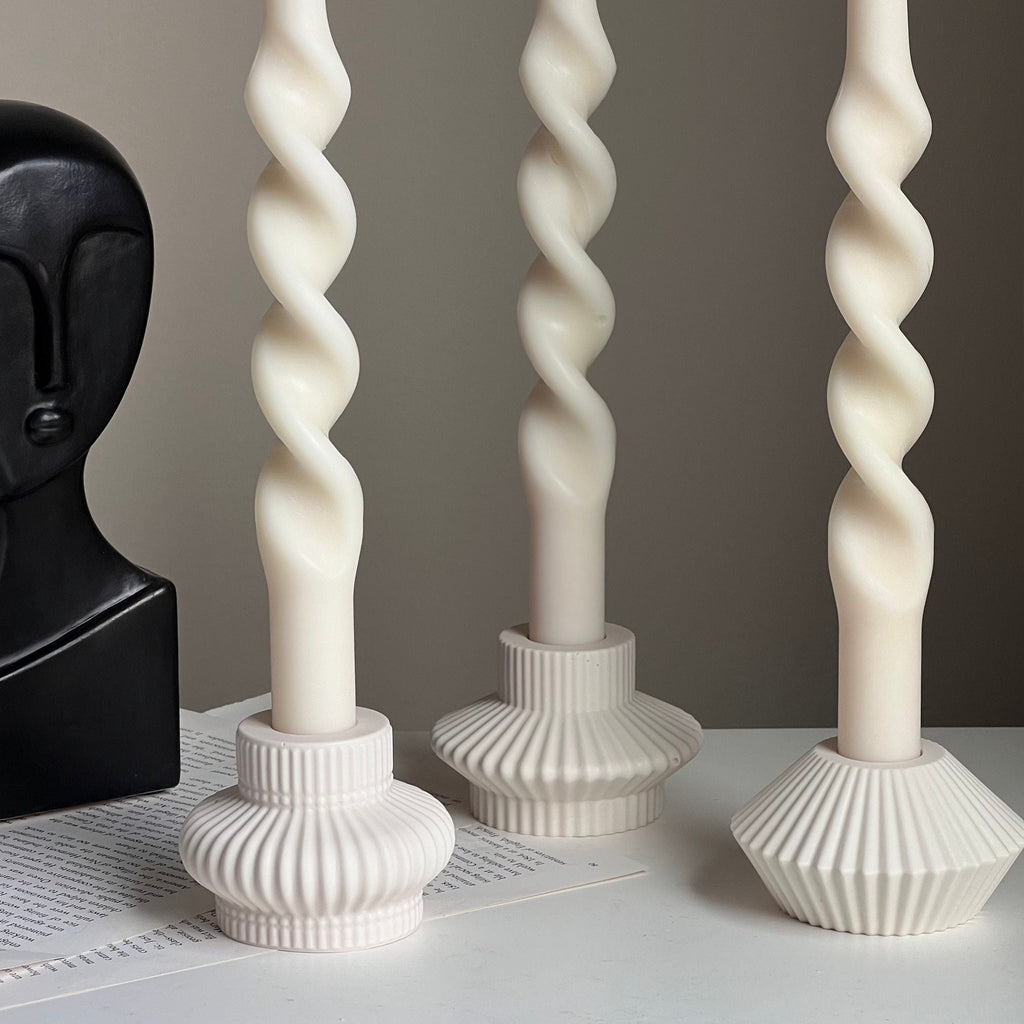 Ribbed Jesmonite Taper Candle Holder: Minimalist Table Decor-2