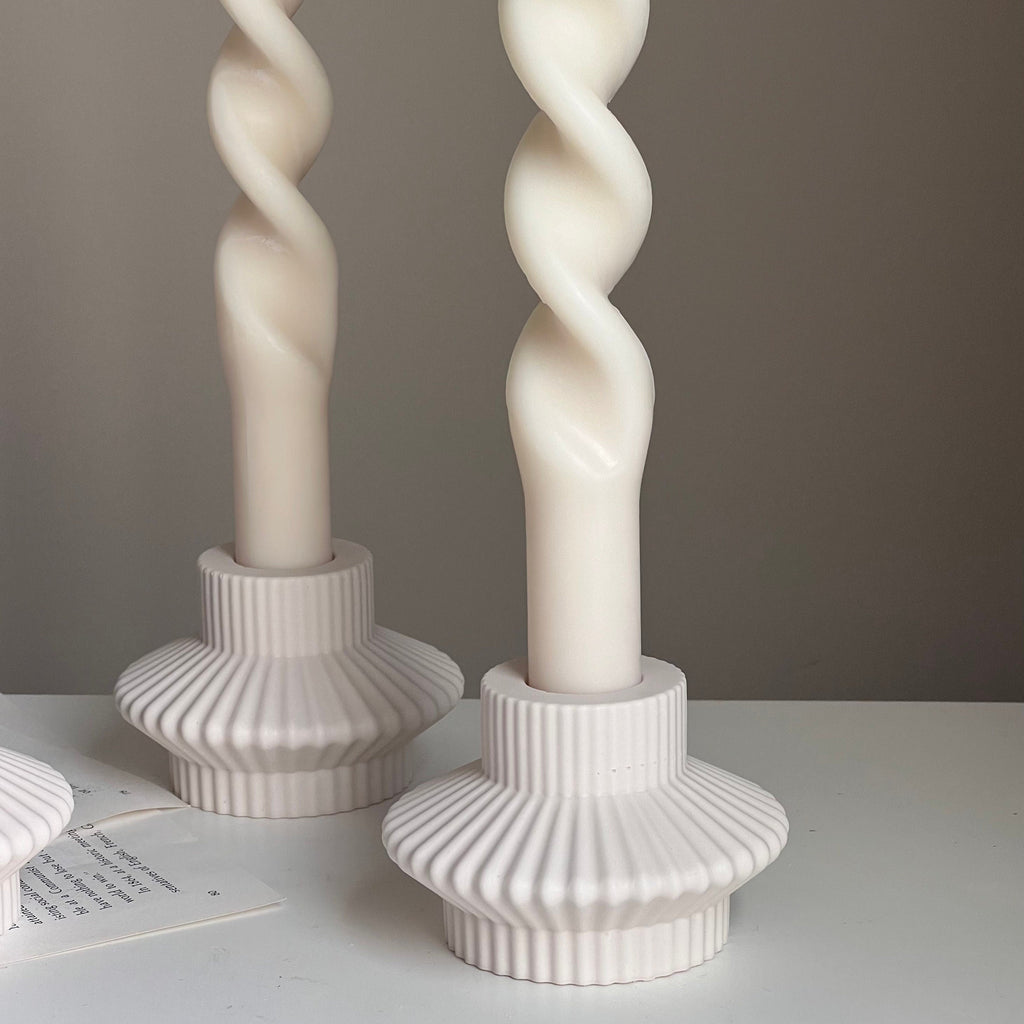 Ribbed Jesmonite Taper Candle Holder: Minimalist Table Decor-3