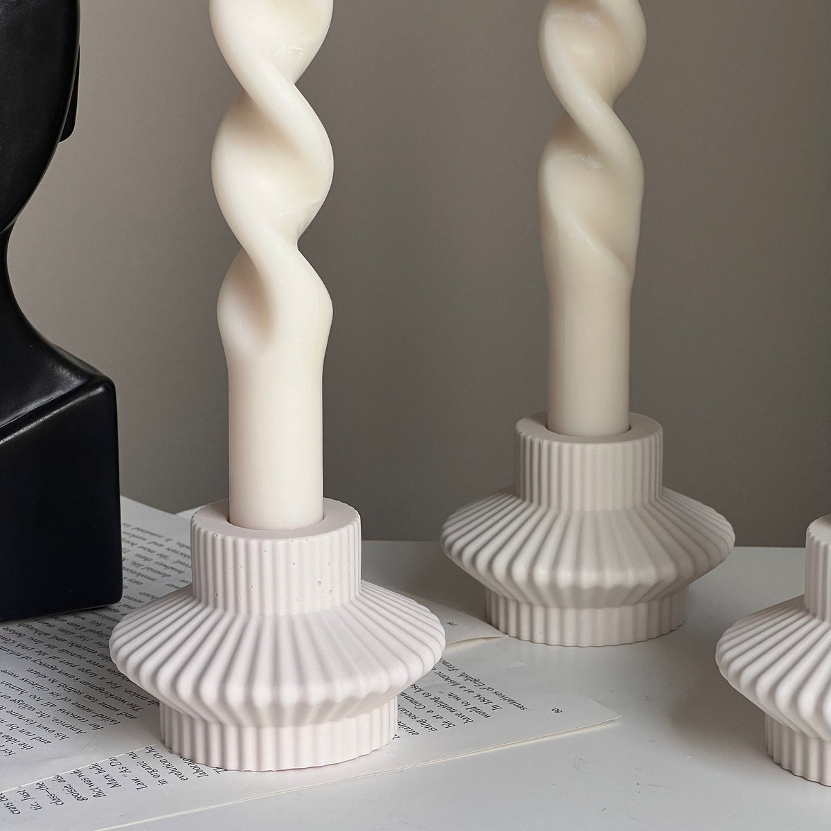 Ribbed Jesmonite Taper Candle Holder: Minimalist Table Decor-4