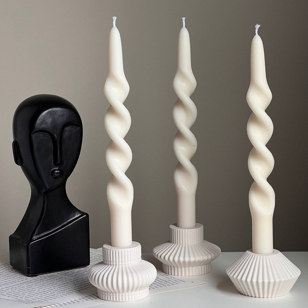 Ribbed Jesmonite Taper Candle Holder: Minimalist Table Decor-1