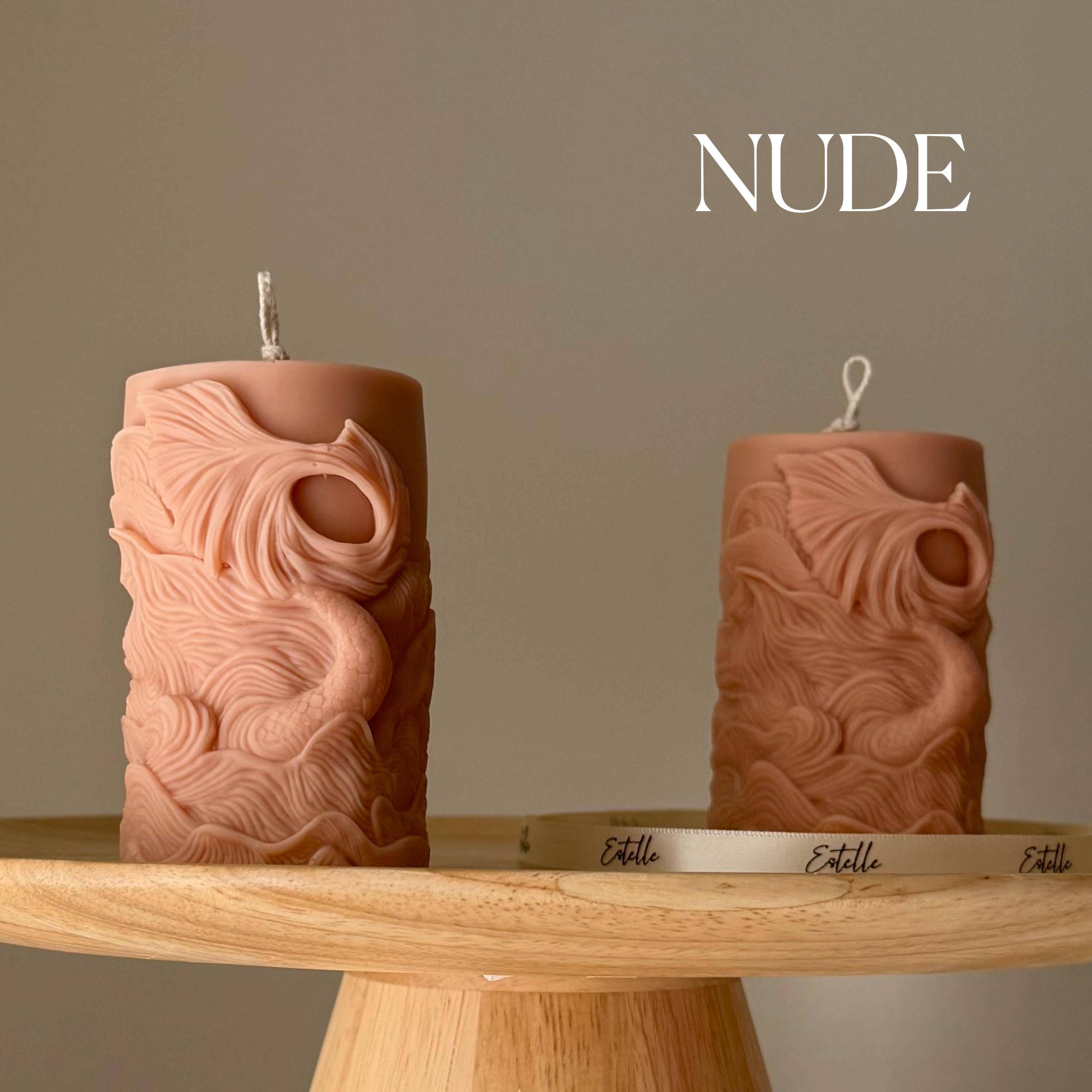Ribbed fishtail sculptural soy pillar candle in neutral tone for modern aesthetic home decor — view 2