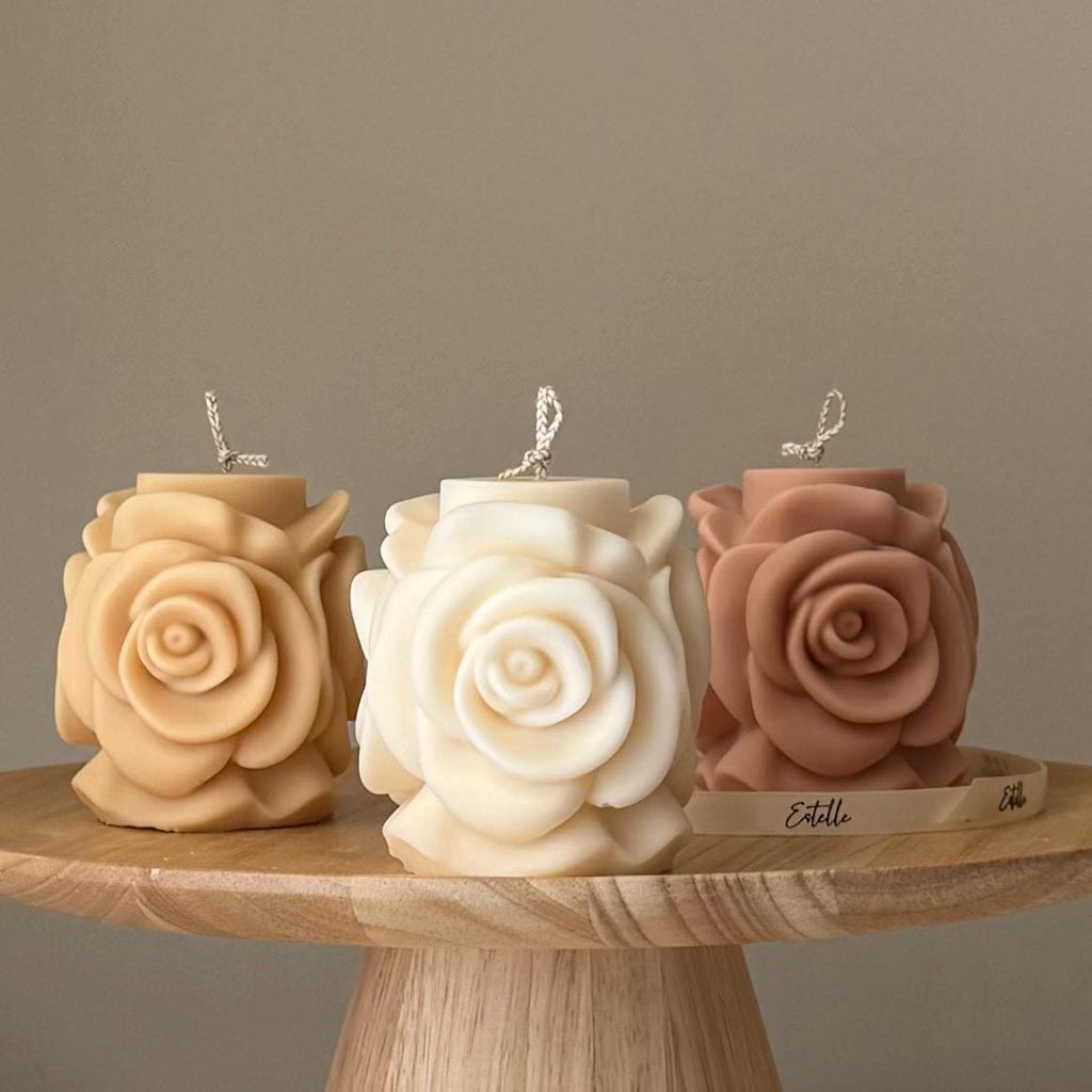 Handmade rose flower candle, beautifully sculpted vegan soy wax pillar decor for modern home interiors