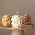 Handmade rose flower candle, beautifully sculpted vegan soy wax pillar decor for modern home interiors