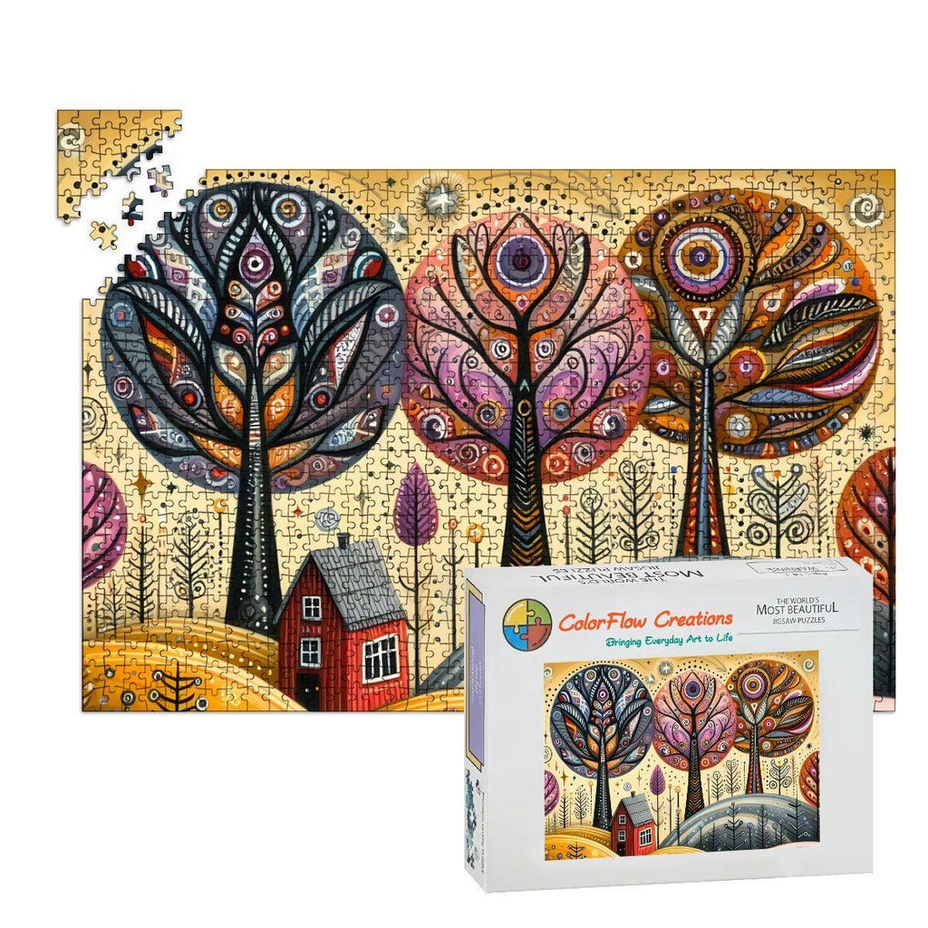 Folk art autumn trees wooden puzzle featuring a vibrant 1000-piece fall landscape in premium basswood