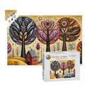 Folk art autumn trees wooden puzzle featuring a vibrant 1000-piece fall landscape in premium basswood