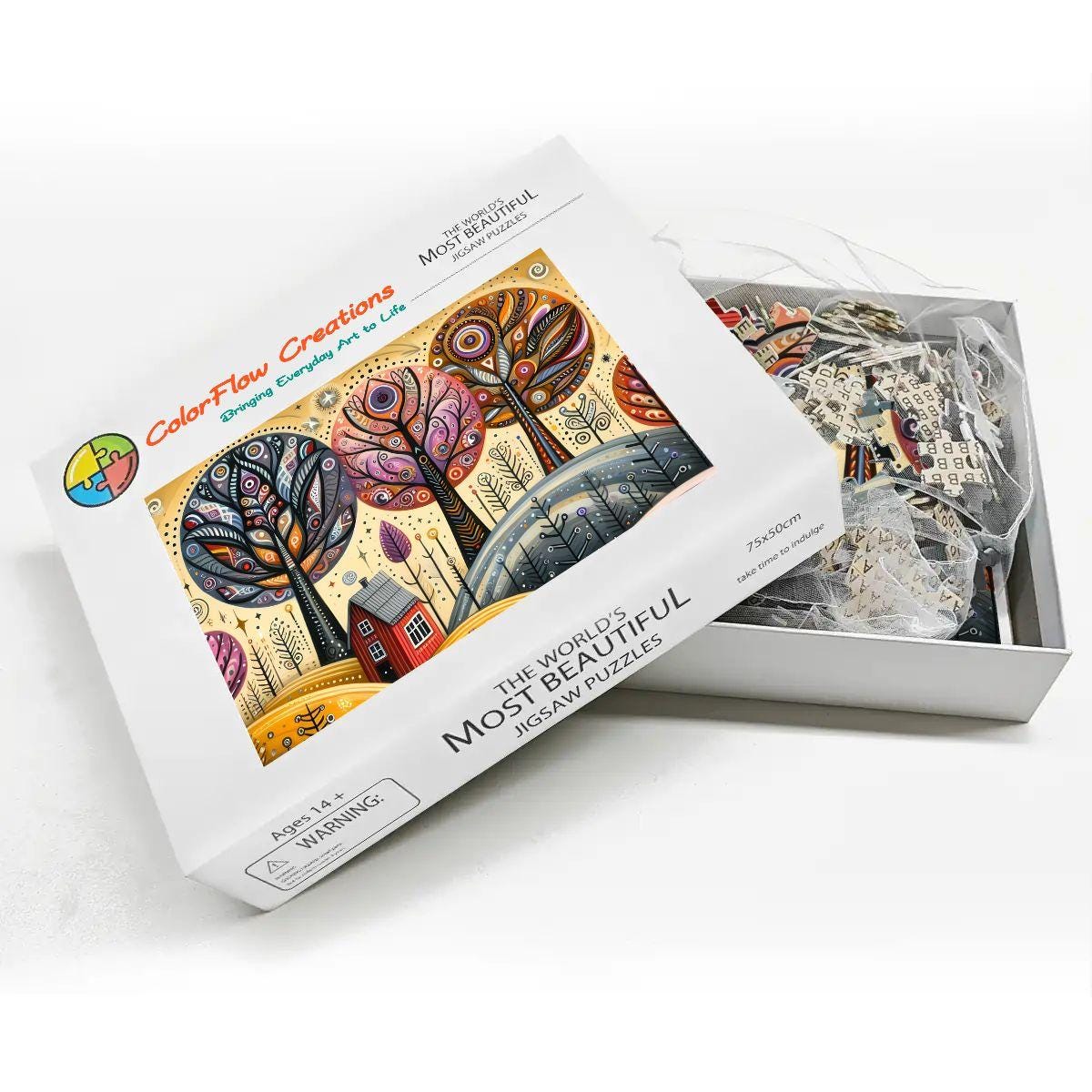 Folk art autumn trees wooden puzzle featuring a vibrant 1000-piece fall landscape in premium basswood — view 3