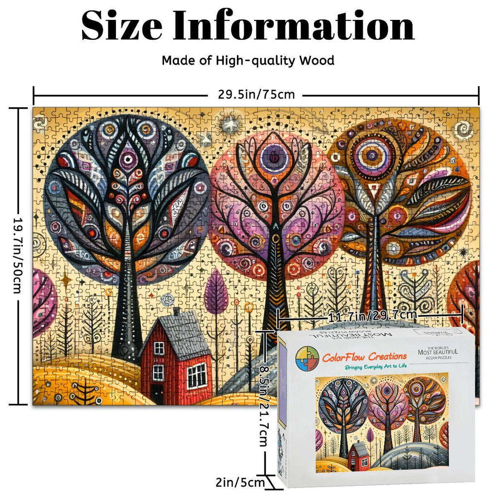Folk art autumn trees wooden puzzle featuring a vibrant 1000-piece fall landscape in premium basswood — view 4