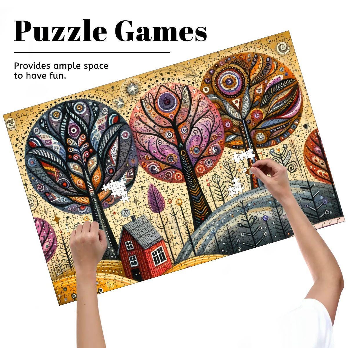 Folk art autumn trees wooden puzzle featuring a vibrant 1000-piece fall landscape in premium basswood — view 5