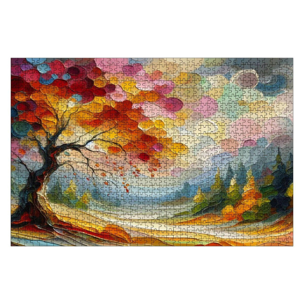 Impressionist autumn tree wooden puzzle with 1000 pieces featuring vibrant swirling brushstrokes and colorful hills — view 2