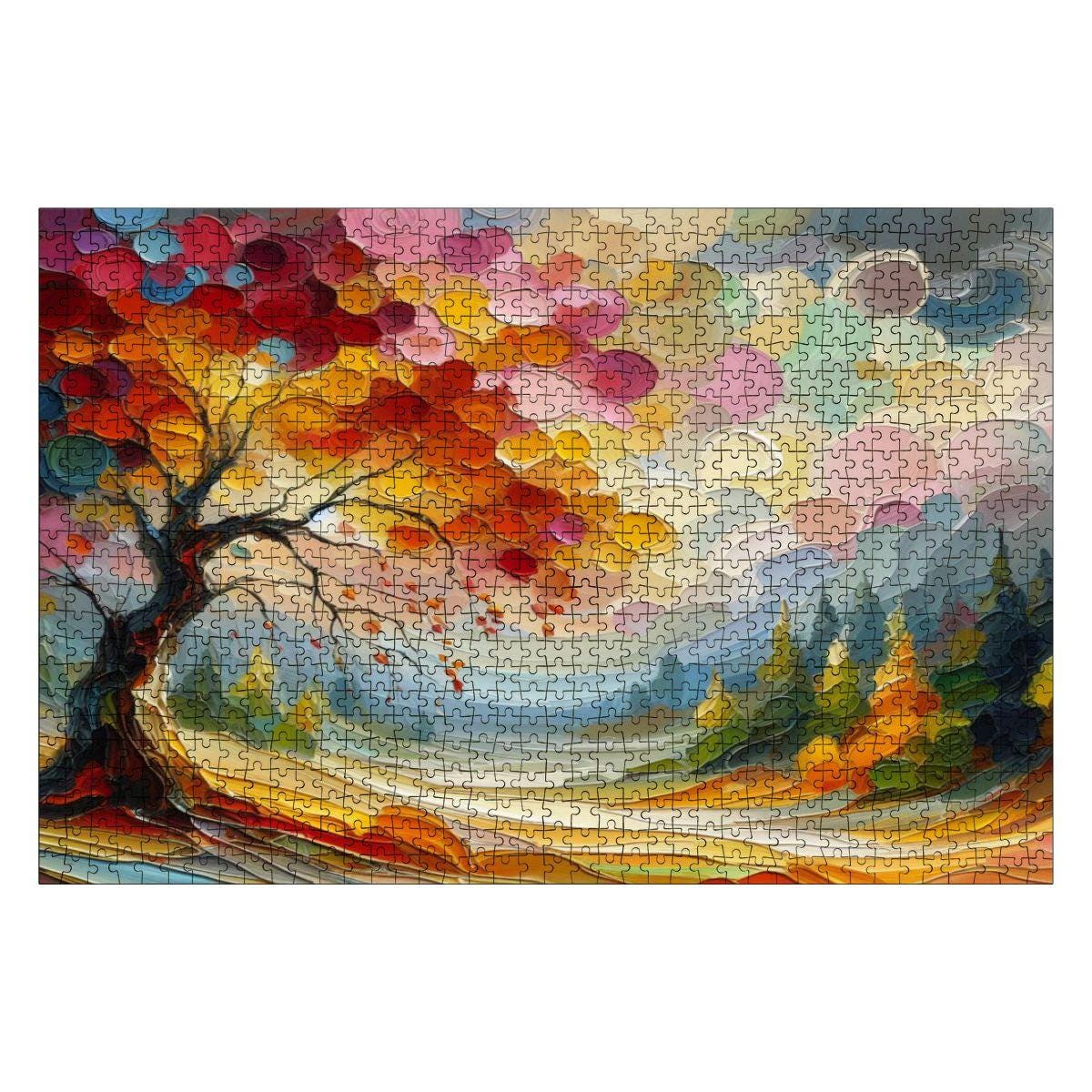 Impressionist autumn tree wooden puzzle with 1000 pieces featuring vibrant swirling brushstrokes and colorful hills — view 2
