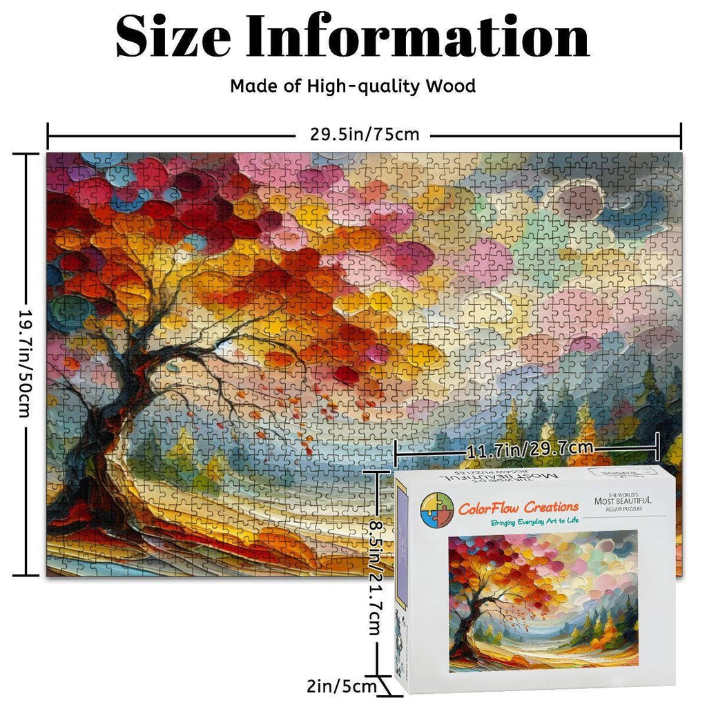 Impressionist autumn tree wooden puzzle with 1000 pieces featuring vibrant swirling brushstrokes and colorful hills — view 4