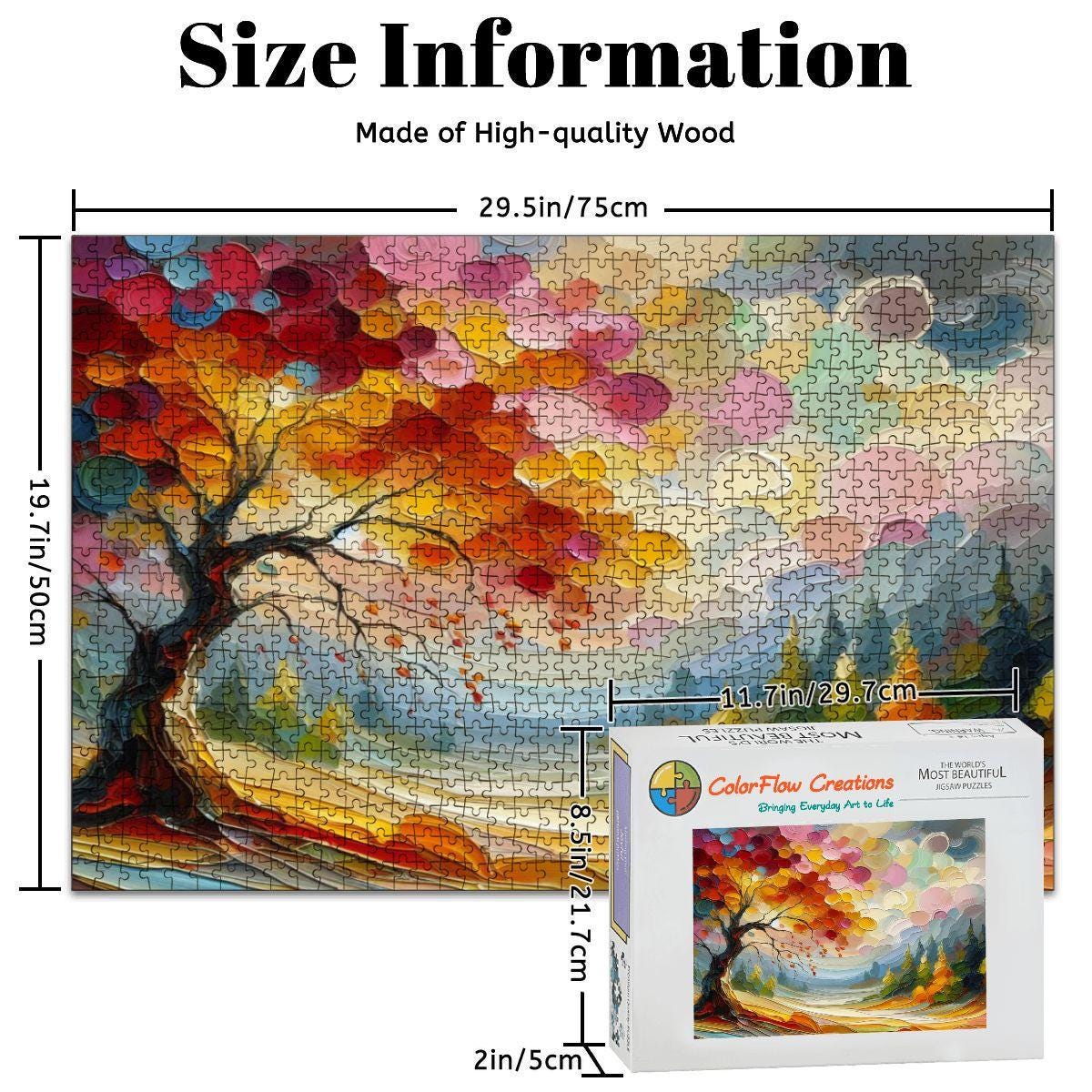 Impressionist autumn tree wooden puzzle with 1000 pieces featuring vibrant swirling brushstrokes and colorful hills — view 4