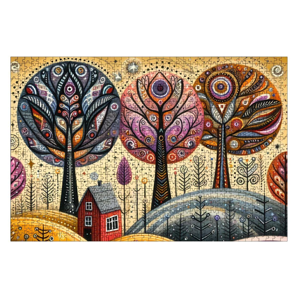Folk art autumn trees wooden puzzle featuring a vibrant 1000-piece fall landscape in premium basswood — view 2