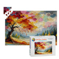 Impressionist autumn tree wooden puzzle with 1000 pieces featuring vibrant swirling brushstrokes and colorful hills