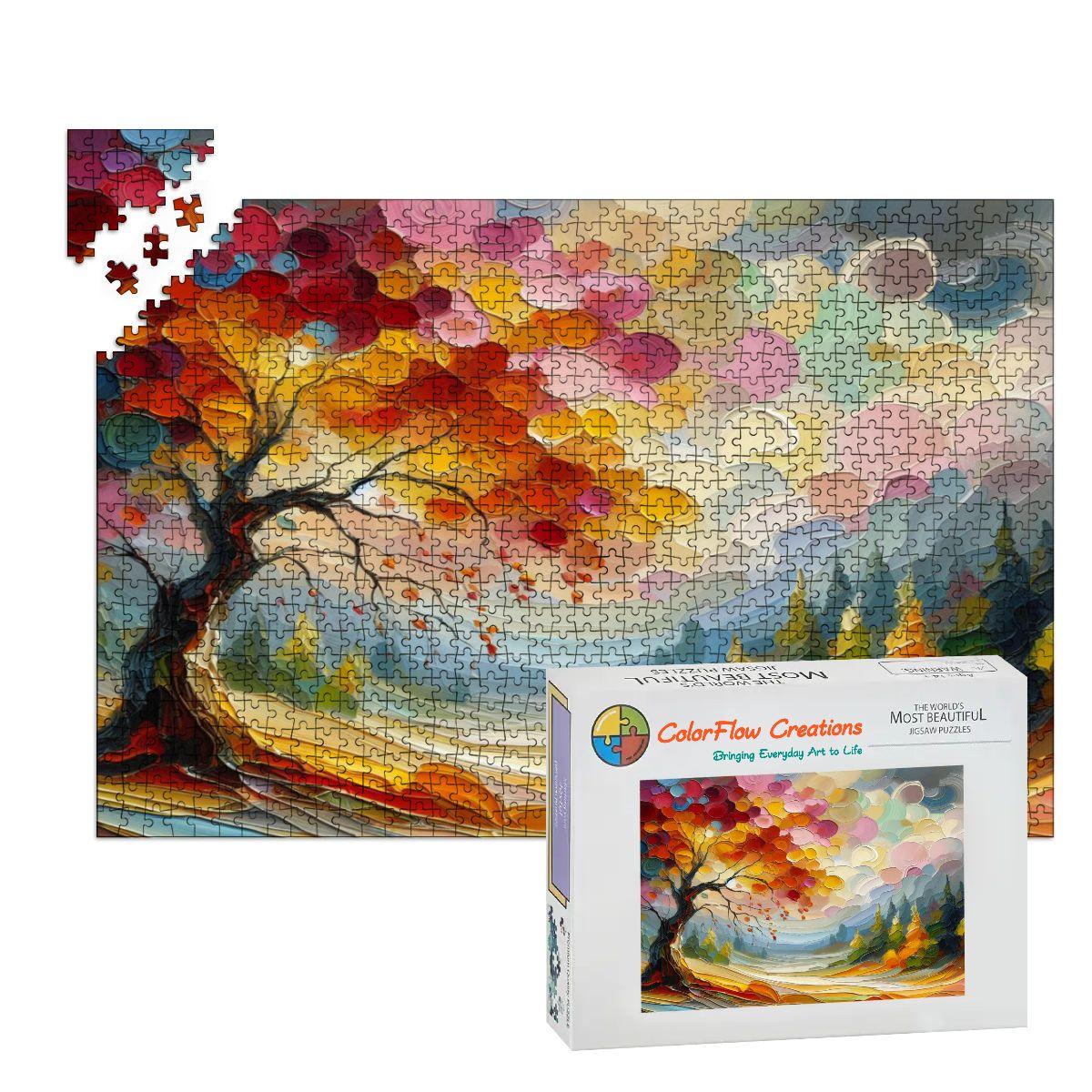 Impressionist autumn tree wooden puzzle with 1000 pieces featuring vibrant swirling brushstrokes and colorful hills