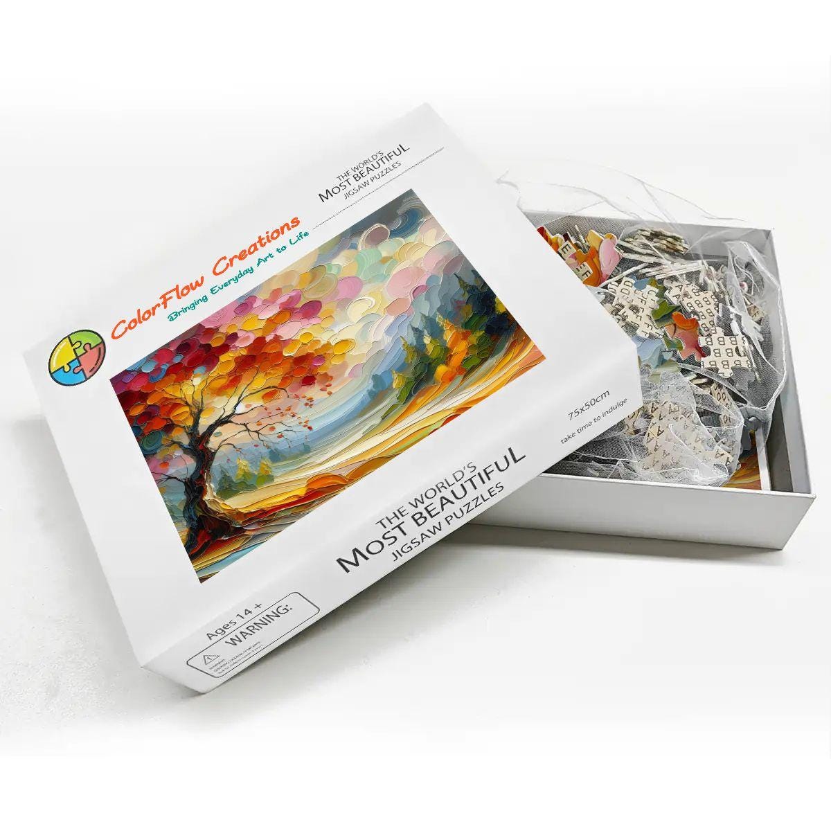Impressionist autumn tree wooden puzzle with 1000 pieces featuring vibrant swirling brushstrokes and colorful hills — view 3
